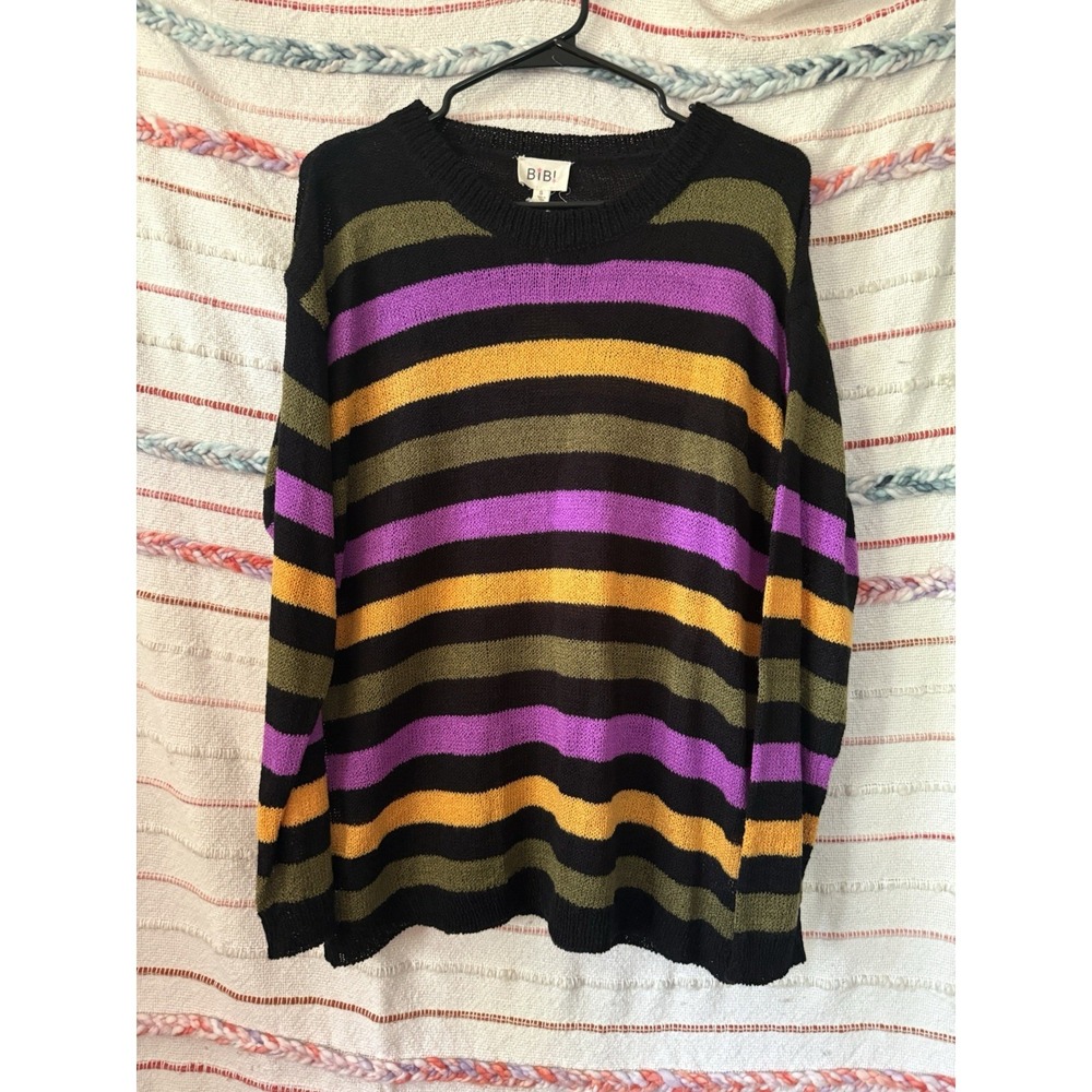 Bibi Green Purple Black Striped‎ Knit Lightweight Long Sleeve Size Small